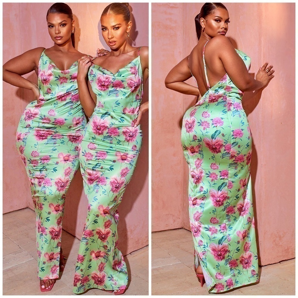 PrettyLittleThing Green Pink Floral Satin Cowl Neck Maxi Dress Size L